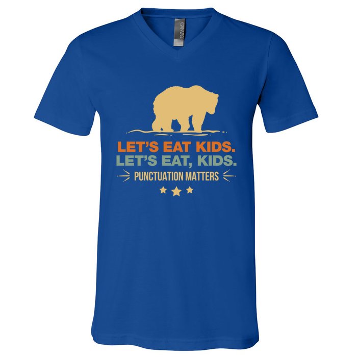 Let's Eat Kids Punctuation Matters Bear Funny Grammar Cool Gift V-Neck T-Shirt