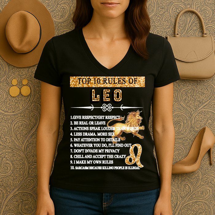 Leo Zodiac Top 10 Rules Of Leo Women's V-Neck T-Shirt