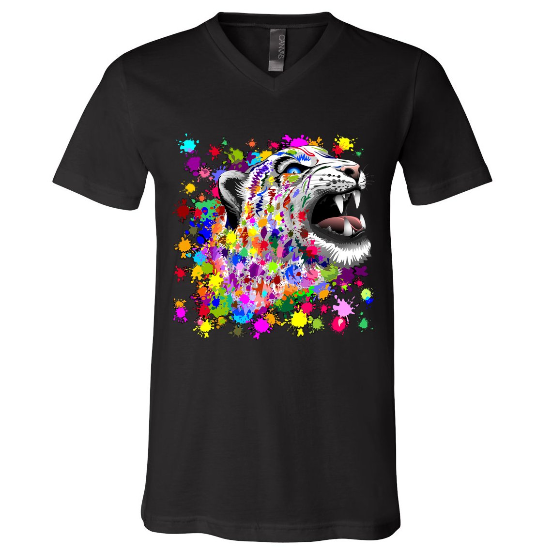 Leopard Cat Psychedelic Paint Splats V-Neck T-Shirt