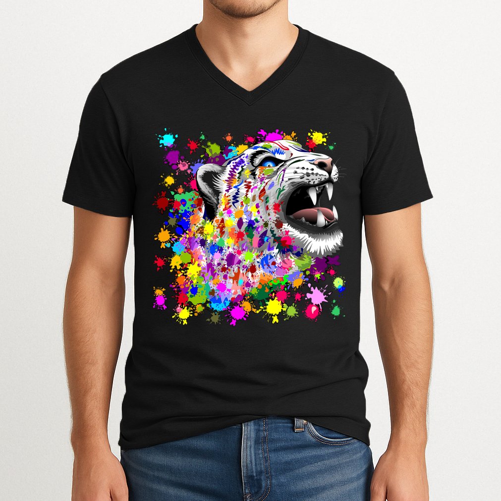 Leopard Cat Psychedelic Paint Splats V-Neck T-Shirt