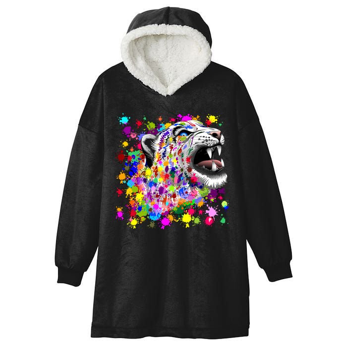 Leopard Cat Psychedelic Paint Splats Hooded Wearable Blanket