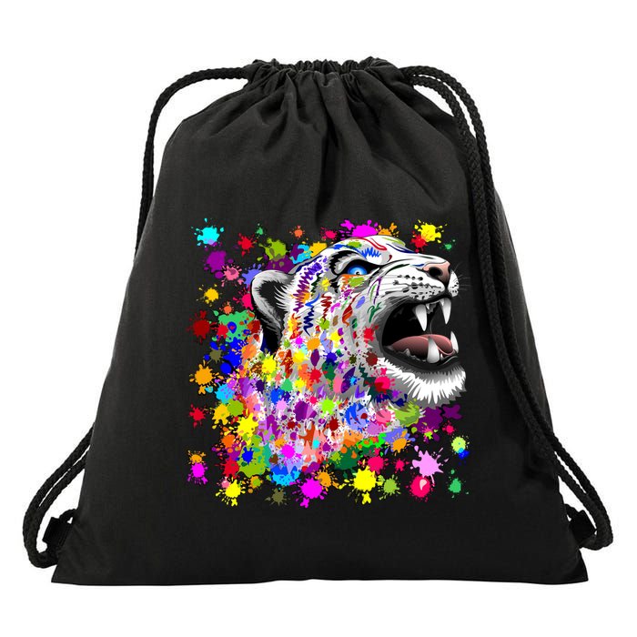 Leopard Cat Psychedelic Paint Splats Drawstring Bag