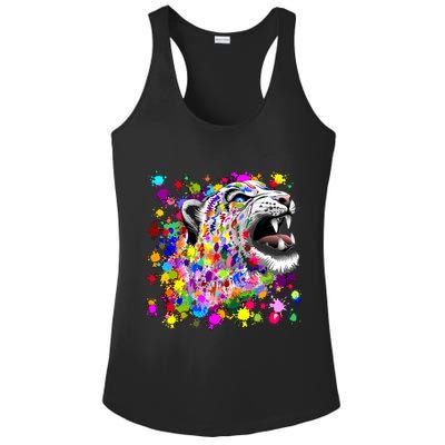 Leopard Cat Psychedelic Paint Splats Ladies PosiCharge Competitor Racerback Tank