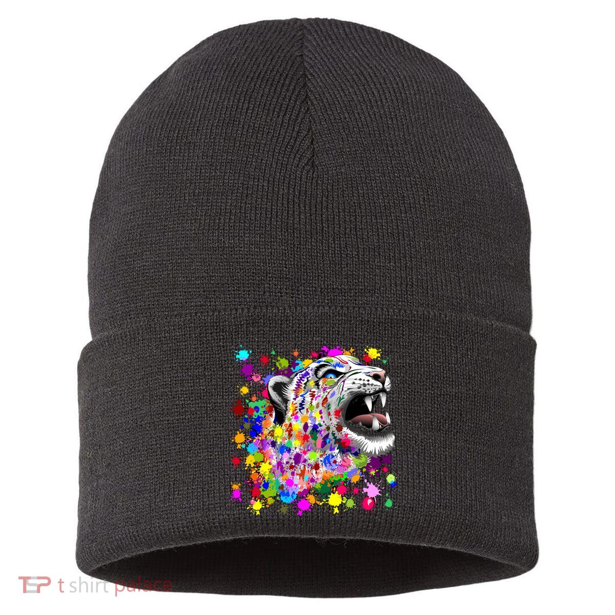 Leopard Cat Psychedelic Paint Splats Sustainable Knit Beanie