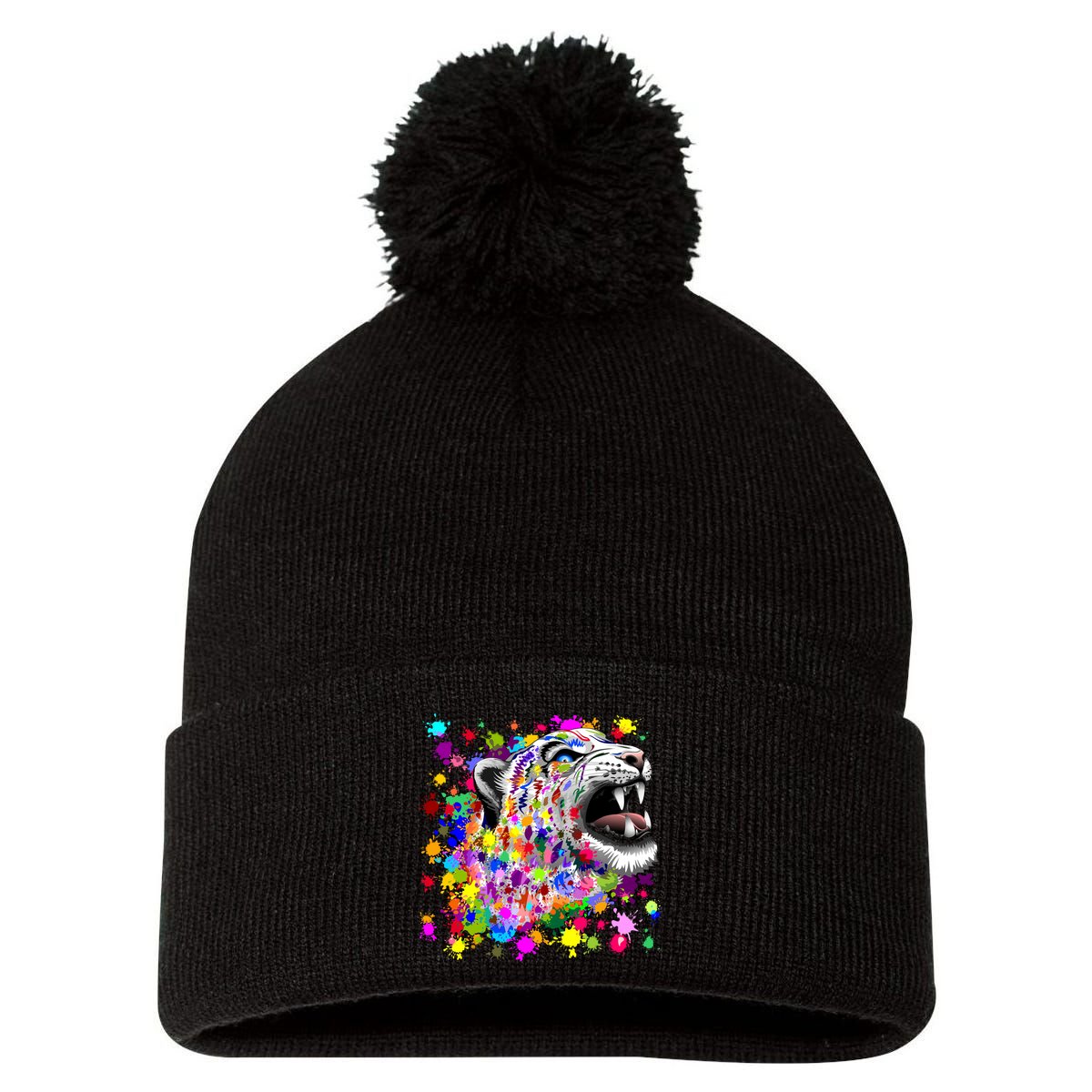 Leopard Cat Psychedelic Paint Splats Pom Pom 12in Knit Beanie