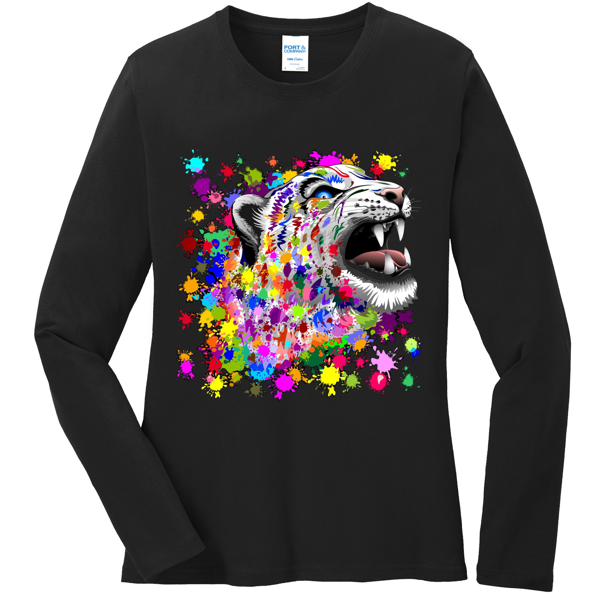 Leopard Cat Psychedelic Paint Splats Ladies Long Sleeve Shirt