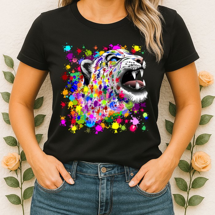 Leopard Cat Psychedelic Paint Splats Womens T-Shirt