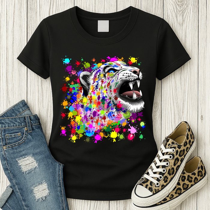 Leopard Cat Psychedelic Paint Splats Womens T-Shirt