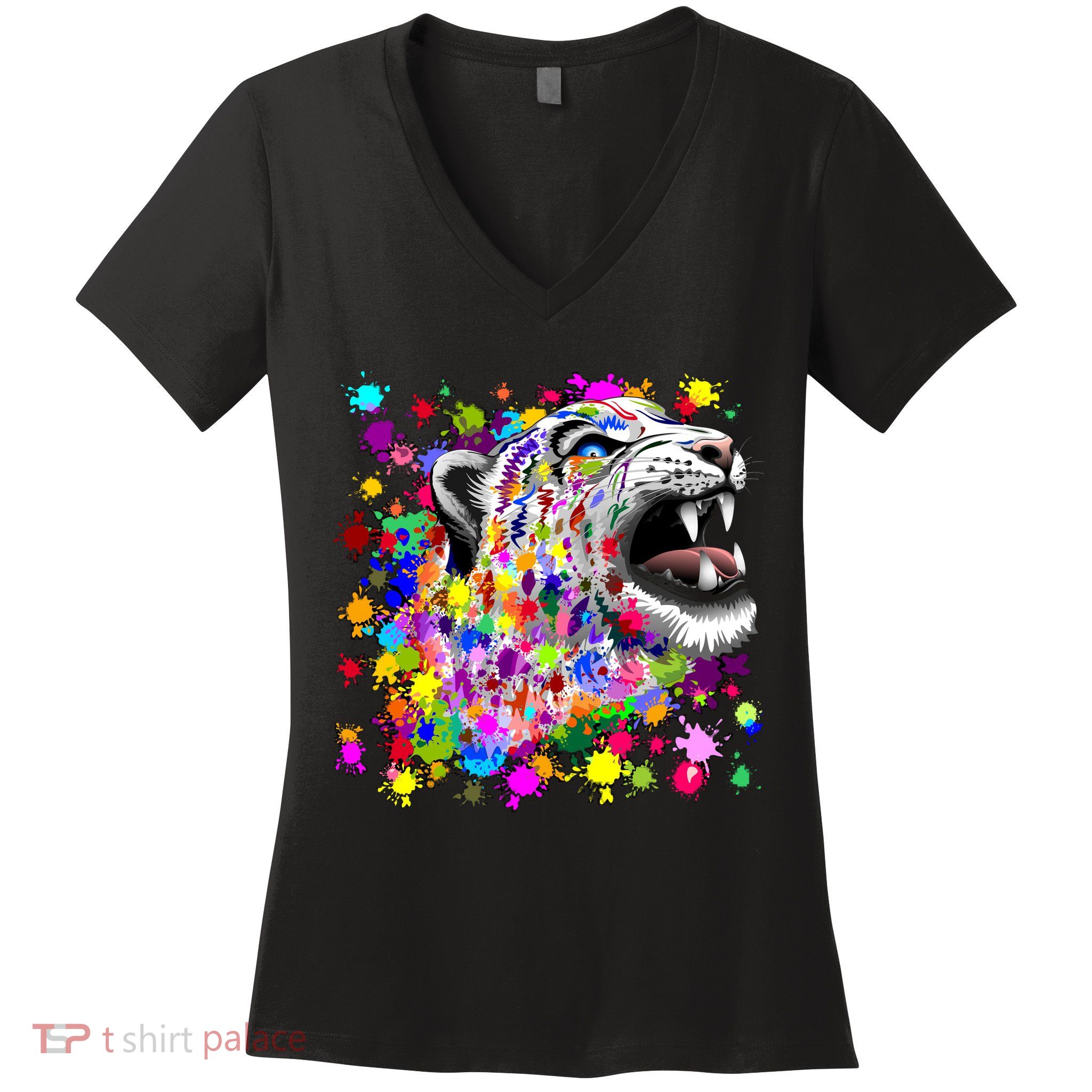 Leopard Cat Psychedelic Paint Splats Women's V-Neck T-Shirt