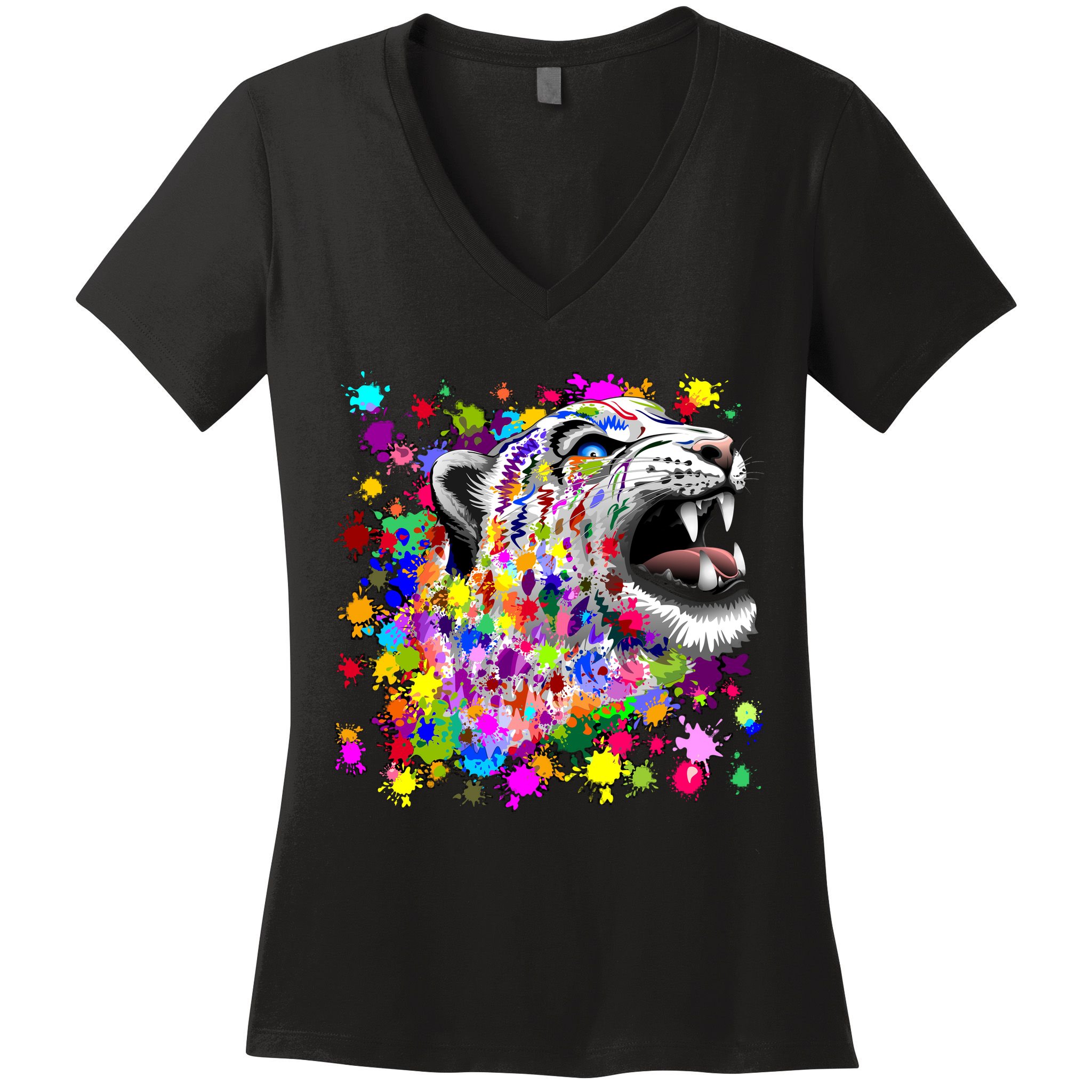Leopard Cat Psychedelic Paint Splats Women's V-Neck T-Shirt
