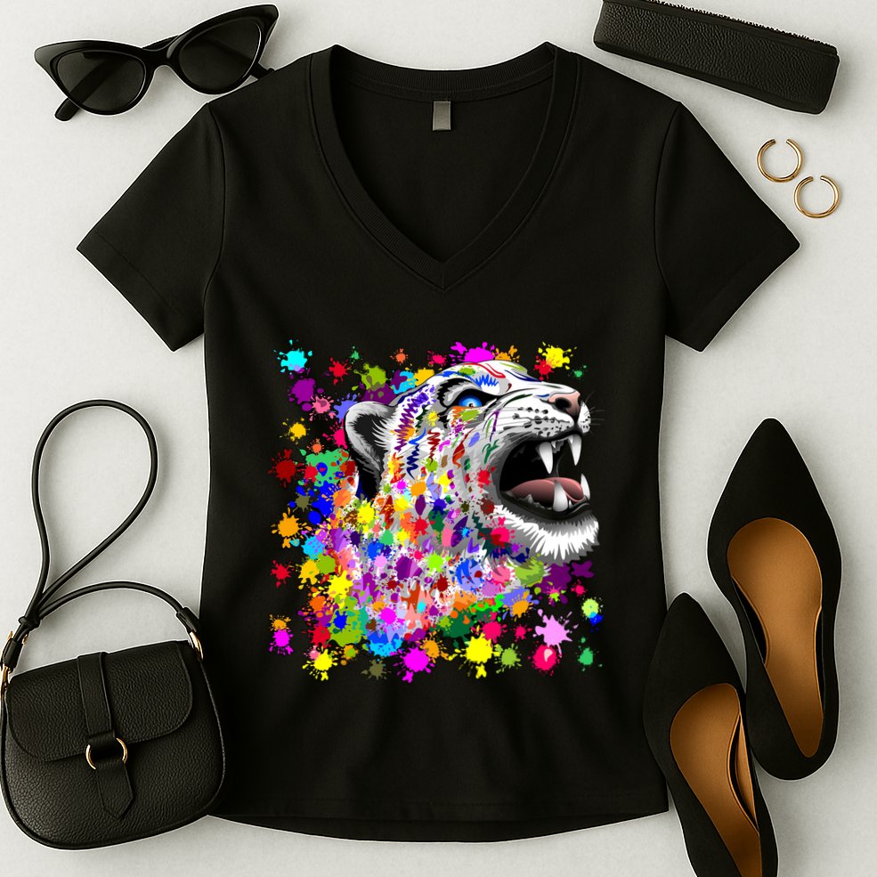 Leopard Cat Psychedelic Paint Splats Women's V-Neck T-Shirt