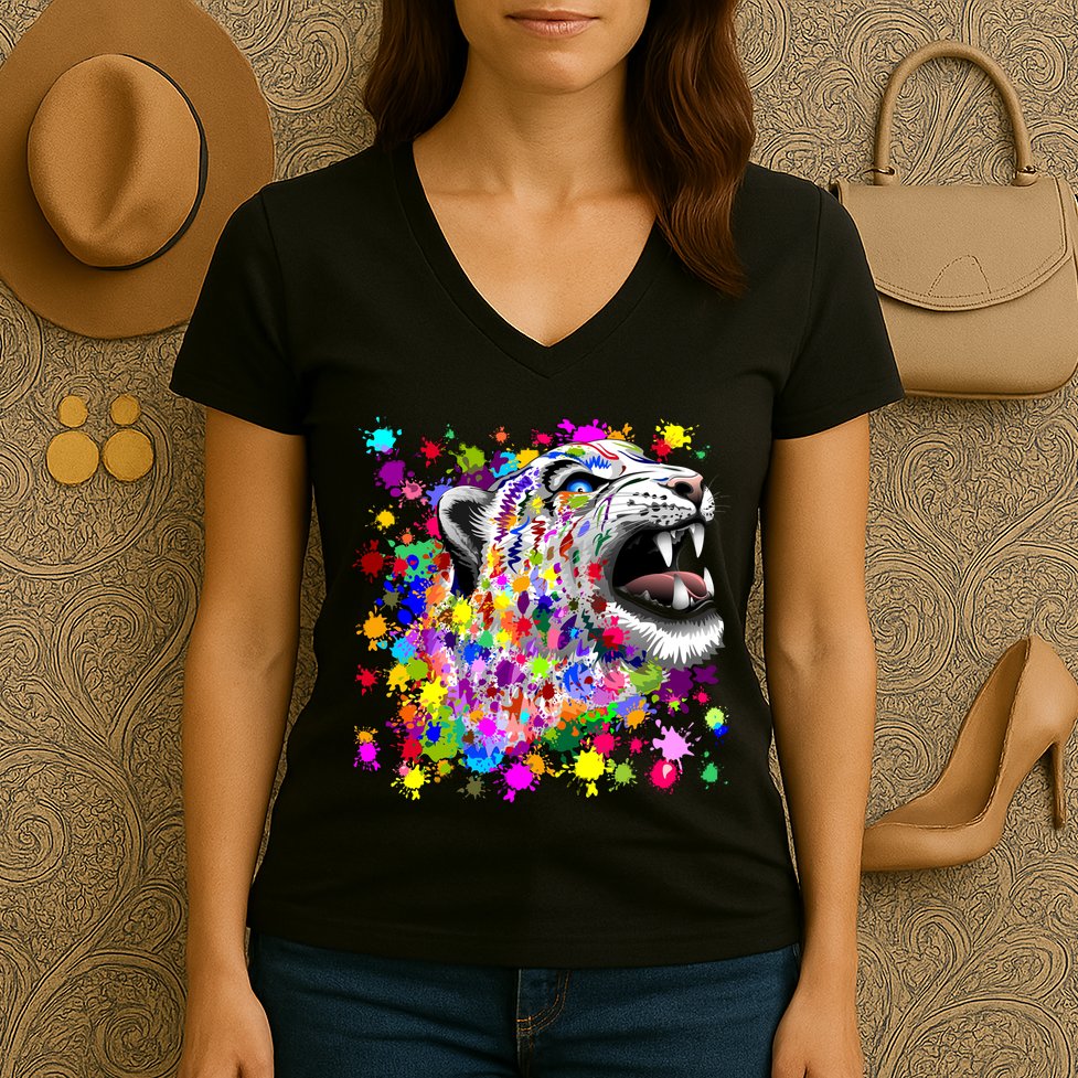 Leopard Cat Psychedelic Paint Splats Women's V-Neck T-Shirt