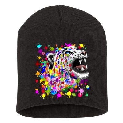 Leopard Cat Psychedelic Paint Splats Short Acrylic Beanie