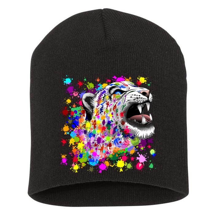 Leopard Cat Psychedelic Paint Splats Short Acrylic Beanie