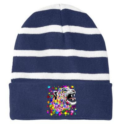 Leopard Cat Psychedelic Paint Splats Striped Beanie with Solid Band