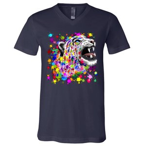 Leopard Cat Psychedelic Paint Splats V-Neck T-Shirt