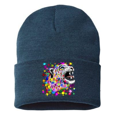 Leopard Cat Psychedelic Paint Splats Sustainable Knit Beanie