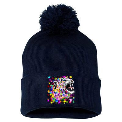 Leopard Cat Psychedelic Paint Splats Pom Pom 12in Knit Beanie