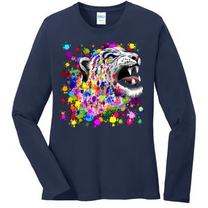 Leopard Cat Psychedelic Paint Splats Ladies Long Sleeve Shirt