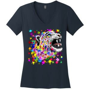 Leopard Cat Psychedelic Paint Splats Women's V-Neck T-Shirt