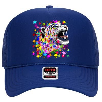 Leopard Cat Psychedelic Paint Splats High Crown Mesh Back Trucker Hat