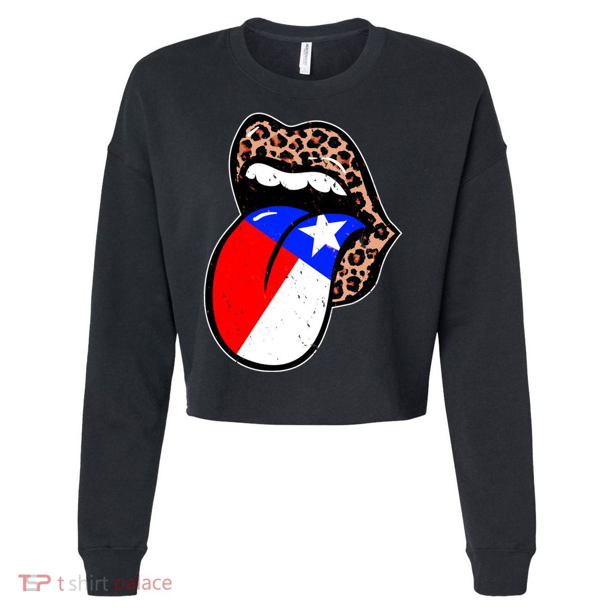 Leopard Print Lips with American Flag Cropped Pullover Crew