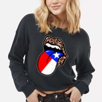 Leopard Print Lips with American Flag Cropped Pullover Crew
