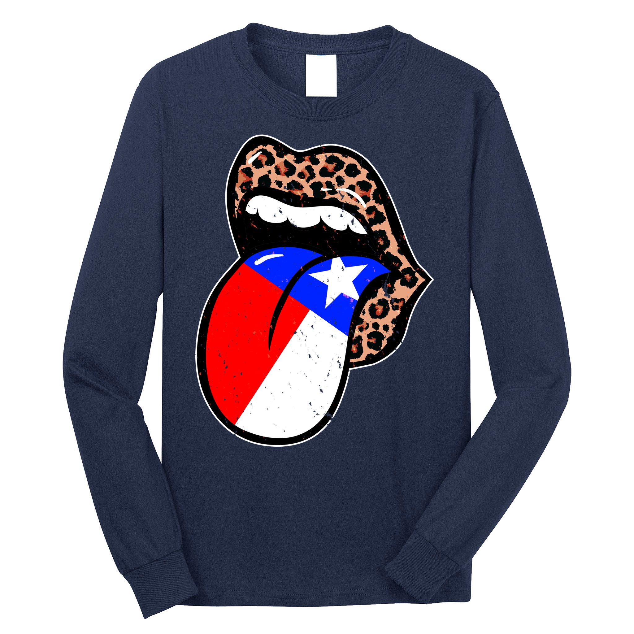 Leopard Print Lips with American Flag Long Sleeve Shirt