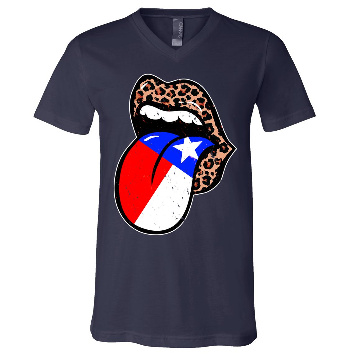 Leopard Print Lips with American Flag V-Neck T-Shirt
