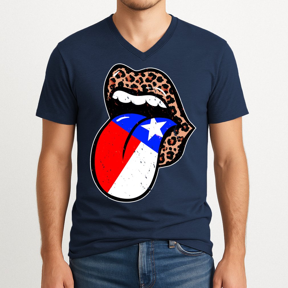Leopard Print Lips with American Flag V-Neck T-Shirt