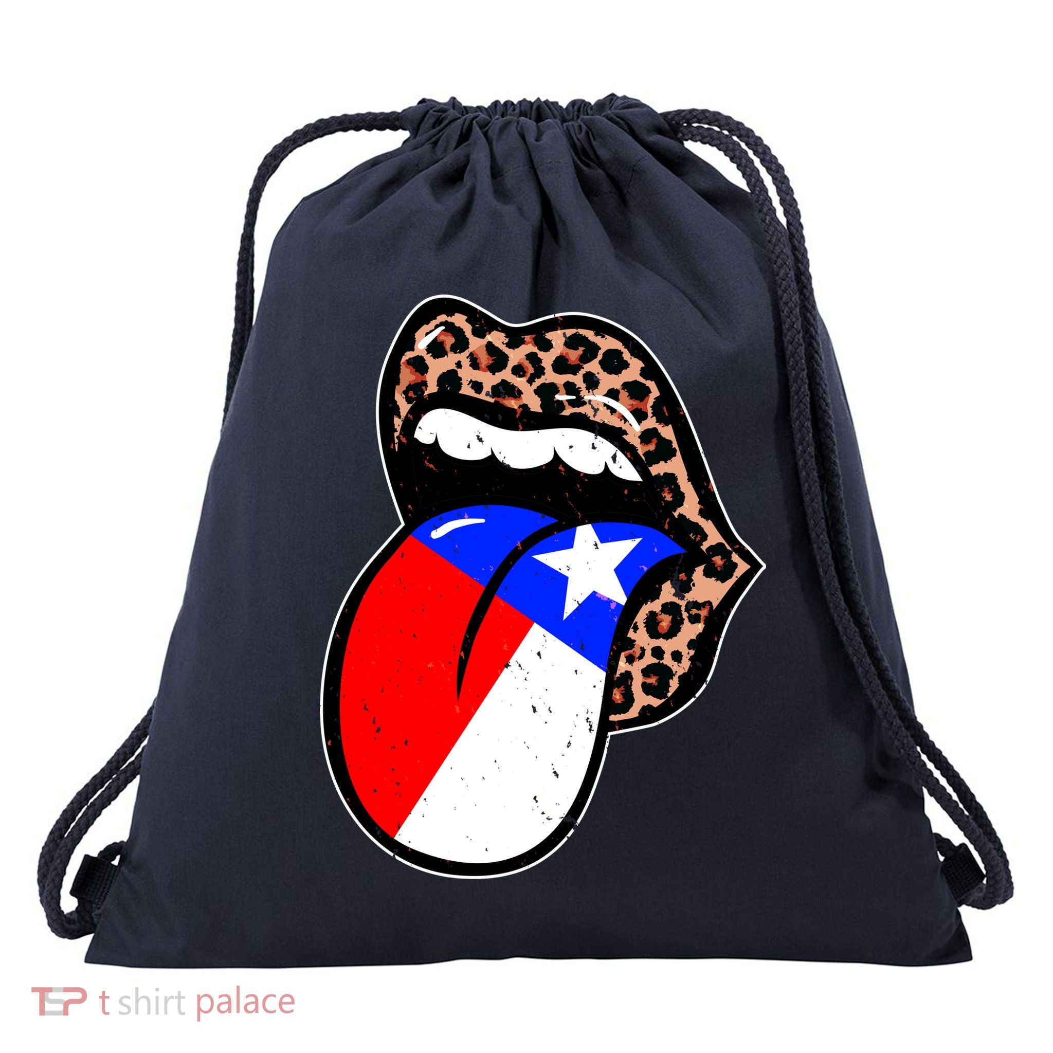 Leopard Print Lips with American Flag Drawstring Bag