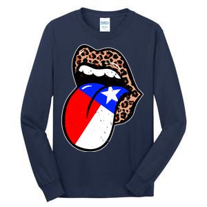 Leopard Print Lips with American Flag Tall Long Sleeve T-Shirt