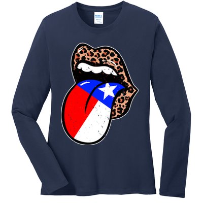 Leopard Print Lips with American Flag Ladies Long Sleeve Shirt