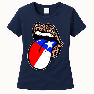 Leopard Print Lips with American Flag Womens T-Shirt