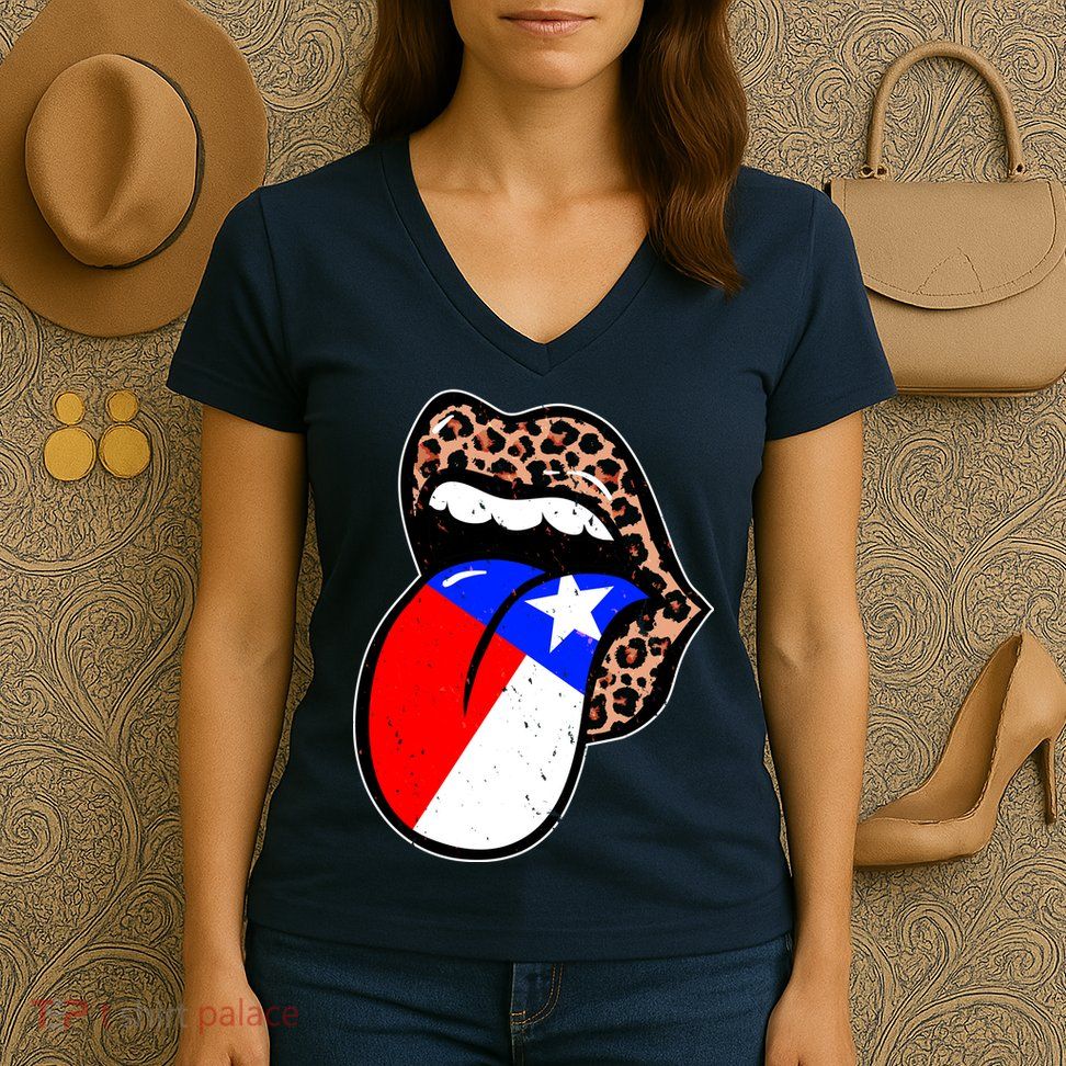 Leopard Print Lips with American Flag Women's V-Neck T-Shirt