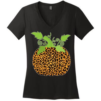 Leopard Print Pumpkin Women's V-Neck T-Shirt