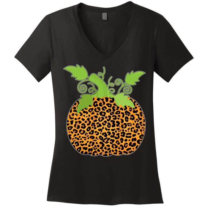 Leopard Print Pumpkin Women's V-Neck T-Shirt