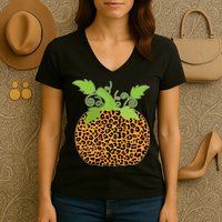 Leopard Print Pumpkin Women's V-Neck T-Shirt