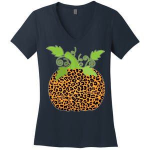 Leopard Print Pumpkin Women's V-Neck T-Shirt