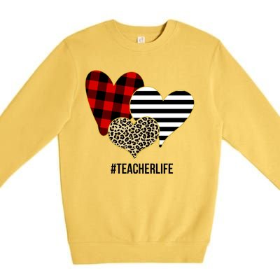 Leopard Red Plaid Striped Hearts Teacher Life Valentines Day Premium Crewneck Sweatshirt