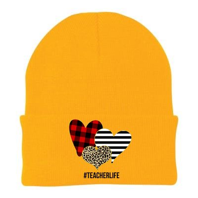 Leopard Red Plaid Striped Hearts Teacher Life Valentines Day Knit Cap Winter Beanie