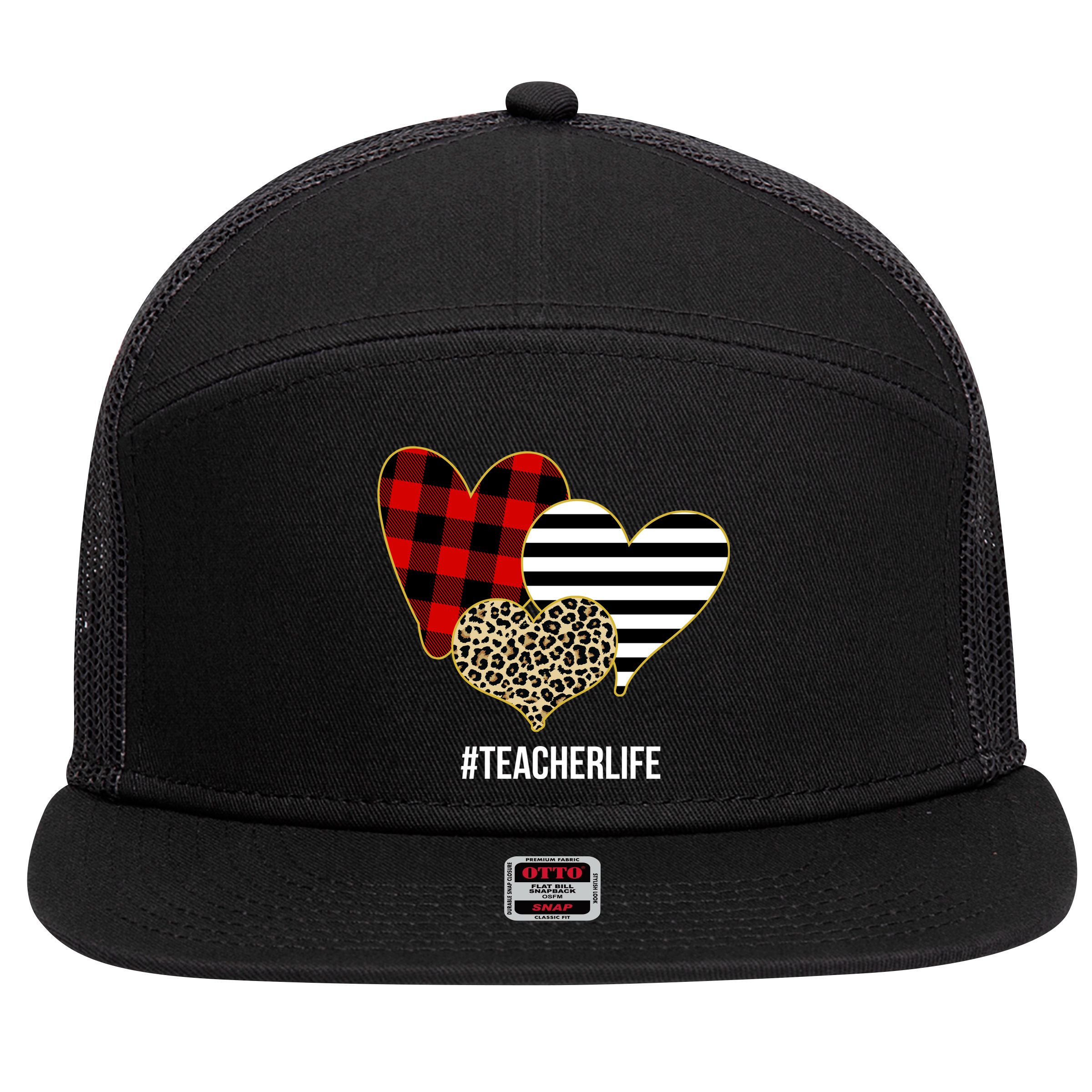 Leopard Red Plaid Striped Hearts Teacher Life Valentines Day 7 Panel Mesh Trucker Snapback Hat