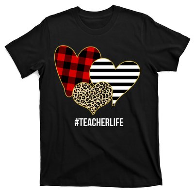 Leopard Red Plaid Striped Hearts Teacher Life Valentines Day T-Shirt