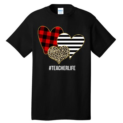 Leopard Red Plaid Striped Hearts Teacher Life Valentines Day Tall T-Shirt