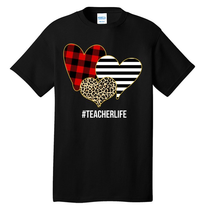 Leopard Red Plaid Striped Hearts Teacher Life Valentines Day Tall T-Shirt