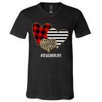 Leopard Red Plaid Striped Hearts Teacher Life Valentines Day V-Neck T-Shirt