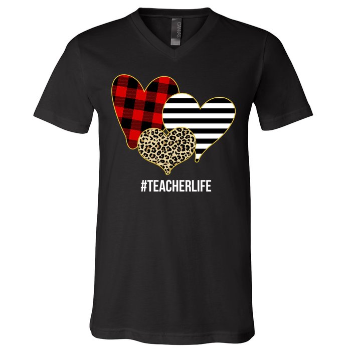 Leopard Red Plaid Striped Hearts Teacher Life Valentines Day V-Neck T-Shirt