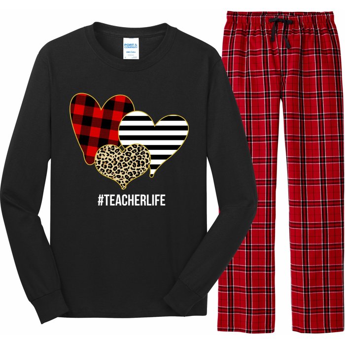 Leopard Red Plaid Striped Hearts Teacher Life Valentines Day Long Sleeve Pajama Set