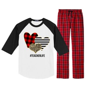 Leopard Red Plaid Striped Hearts Teacher Life Valentines Day Raglan Sleeve Pajama Set