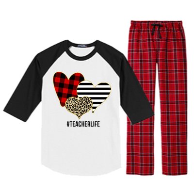 Leopard Red Plaid Striped Hearts Teacher Life Valentines Day Raglan Sleeve Pajama Set